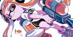 1girl anniversary bike_shorts black_shorts closed_mouth commentary headphones highres holding holding_weapon ink_tank_(splatoon) inkling inkling_girl inkling_player_character long_hair looking_at_viewer nintendo oka_kabe orange_eyes orange_hair pink_shoes shirt shoes short_sleeves shorts smile sneakers solo splatoon_(series) splatoon_1 splattershot_(splatoon) t-shirt tentacle_hair weapon white_background white_shirt