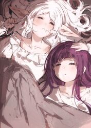 2girls blush closed_eyes double-parted_bangs elf fern_(sousou_no_frieren) frieren frilled_shirt frills hand_on_another&#039;s_head highres long_hair moku_(muooku) multiple_girls pointy_ears purple_hair shirt sidelocks sleeping sousou_no_frieren under_covers white_hair white_shirt