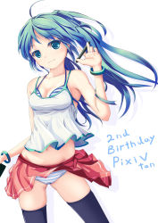 1girl blue_eyes blue_hair bra bracelet camisole female_focus hoippu jewelry lingerie matching_hair/eyes midriff navel panties pantyshot pixiv pixiv-tan simple_background skirt solo striped_bra striped_clothes striped_panties stylus thighhighs underwear upskirt white_background wind wind_lift zettai_ryouiki