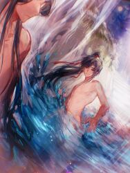 2boys bishounen black_eyes black_hair closed_mouth hair_ribbon heyoubuyou high_ponytail highres implied_yaoi in_water lan_wangji light_particles long_hair looking_at_another male_focus modao_zushi multiple_boys nude painterly partially_submerged pectorals ponytail red_eyes red_ribbon ribbon very_long_hair wading water waterfall wei_wuxian wet wet_hair