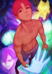 2boys 2girls abs absurdres ayase_momo cat collarbone commentary_request dandadan earrings enjoji_jin from_above highres jewelry looking_at_viewer mongolian_death_worm multiple_boys multiple_girls muscular muscular_male pants parted_lips pectorals purple_pants red_hair takakura_ken_(dandadan) takakura_ken_(transformed)_(dandadan) topless_male tsuchinoko_(dandadan) turbo_granny_(dandadan) you8_pen