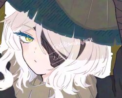 1girl bandage_over_one_eye bandages closed_mouth conical_hat faust_(project_moon) grey_scarf hat heishou_pack-mao_branch_(identity)_(project_moon) limbus_company looking_at_viewer one_eye_covered project_moon rice_hat scarf short_hair simple_background solo totemohotdesu upper_body white_background white_hair yellow_eyes