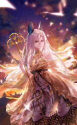 1girl animal_ear_fluff animal_ears artist_request bare_shoulders black_bow blue_ribbon bow breasts brown_eyes circlet city cleavage closed_mouth cloud cowboy_shot dog_ears dress expressionless fake_animal_ears flock game_cg gold_necklace gradient_sky hair_between_eyes hair_ribbon highres holding holding_staff jewelry layered_dress light_particles lips lolita_fashion long_hair long_hair_between_eyes long_sleeves looking_at_viewer necklace nikki_(series) official_art orange_sky outdoors pink_lips pyramid_(structure) ribbon shining_nikki short_dress simple_bird sky solo spirit_of_anuwa_(shining_nikki) staff standing star_(sky) starry_sky sun sunset very_long_hair waist_bow white_dress white_hair wide_sleeves wind yellow_dress zoey_(shining_nikki)