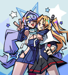 2girls azur_lane black_gloves black_skirt blonde_hair blue_eyes blue_hairband breasts cleavage cleveland_(azur_lane) fingerless_gloves gloves hairband highres large_breasts long_hair looking_at_viewer low_twintails mole mole_under_eye multiple_girls one_eye_closed one_side_up open_mouth parted_bangs purple_hair red_eyes santa_fe_(azur_lane) siblings sirhoopsalot sisters skirt star_(symbol) twintails very_long_hair w