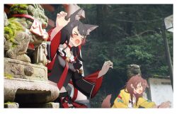 &gt;_&lt; animal_ear_fluff animal_ears black_hair black_shirt black_sleeves blush border braid choker claw_pose commentary_request cropped_shirt detached_sleeves dog_ears dog_girl dog_tail dress fang forest hands_up highres hololive inugami_korone inugami_korone_(1st_costume) jacket jacket_bow komainu kouhaku_nawa long_hair midriff multicolored_hair nakiusagi nature ookami_mio ookami_mio_(1st_costume) open_mouth outdoors photo_(object) photo_background red_choker red_sleeves rope sailor_collar shimenawa shirt smile streaked_hair sweat tail torii twin_braids two-tone_sleeves virtual_youtuber white_border white_dress white_sailor_collar wide_sleeves wolf_ears wolf_girl yellow_jacket
