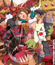 Rule 34 | &gt; &lt;, 1girl, adversarial noise, arms up, artist name, black boots, black gloves, bluesky username, blurry, blurry background, boots, breasts, brown eyes, brown hair, commentary, digimon, digimon adventure 02, elbow gloves, english commentary, gloves, highres, holding, holding weapon, horns, hugging another&#039;s leg, knee boots, leg up, looking back, monster hunter (series), open mouth, reusgreymon, short hair, single horn, small breasts, supermondobeat, teeth, terriermon, terriermon joshu, tongue, tongue out, turning head, upper teeth only, watermark, weapon, web address, yagami hikari