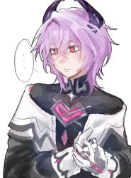 Rule 34 | ..., 1boy, bishounen, black horns, black shirt, bright pupils, chest jewel, closed mouth, commentary request, crossed bangs, curled horns, double-parted bangs, dragon boy, dragon horns, expressionless, gem, genshin impact, gloves, hair between eyes, hands up, heart, heart-shaped gem, highres, horns, jewelry, jyoukarubi8936, long sleeves, looking ahead, male focus, middle ring, mini durin (genshin impact), mini durin (human) (genshin impact), own hands together, pink gemstone, purple hair, pursed lips, red eyes, ring, shirt, short hair, simple background, single hair intake, sketch, sleeve cuffs, slit pupils, solo, spoken ellipsis, turning head, upper body, white background, white gloves, white pupils, white sleeve cuffs