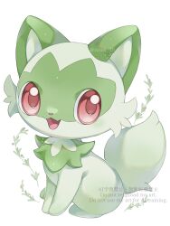 :d commentary fang full_body green_fur highres iwasi_29 looking_at_viewer nintendo no_humans open_mouth pokemon pokemon_(creature) red_eyes simple_background smile solo sprigatito symbol-only_commentary twitter_username watermark white_background