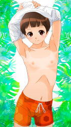 1girl bikini_tan blush brown_eyes brown_hair collarbone dedenden_(pixiv30568724) flat_chest hexagon_print leaf looking_at_viewer male_swimwear navel nipples orange_swim_trunks original plant print_swim_trunks removing_shirt shirt short_hair smile standing swim_trunks tan tanline topless_female undressing white_background white_shirt