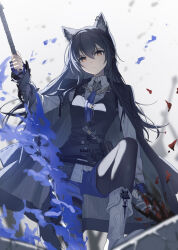 1girl animal_ear_fluff animal_ears arknights black_hair black_pantyhose black_vest bolo_tie boots closed_mouth commentary_request dual_wielding fingerless_gloves gloves grey_boots hair_between_eyes highres holding holding_sword holding_weapon knee_boots long_hair looking_at_viewer nekoln official_alternate_costume pantyhose purple_gloves solo sword texas_(arknights) texas_the_omertosa_(arknights) vest weapon wolf_ears wolf_girl yellow_eyes