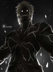 1boy bare_pectorals black_skin colored_skin grin highres male_focus monochrome mukai_(kof) no_pupils pectorals short_hair smile solo spiked_hair the_king_of_fighters the_king_of_fighters_2003 white_eyes white_hair xiaoguimist