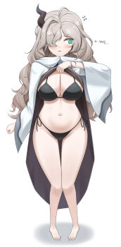 Rule 34 | 1girl, @ @, bare legs, barefoot, bikini, black bikini, blush, breasts, brown hair, clenched hand, feet, full body, green eyes, hair over one eye, hair ribbon, highres, large breasts, lazb., lifting own clothes, long hair, navel, ribbon, robe, side-tie bikini bottom, simple background, solo, standing, swimsuit, toes, trickcal, underwear, white background, white robe