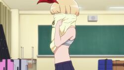 1girl animated anime_screenshot blonde_hair blue_skirt blush bow bra breasts dressing from_side grey_bra hair_bow hair_ribbon highres indoors kokura_hikari large_breasts red_eyes red_ribbon ribbon rifle_is_beautiful shirt short_hair skirt sound tagme underwear video yellow_shirt
