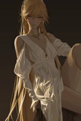 1girl absurdres aquamarine_(gemstone) arm_support backless_dress backless_outfit bare_legs blonde_hair breasts chinese_commentary cleavage clothing_cutout commentary dress earrings floating_earring girls&#039;_frontline hair_between_eyes heart heart_earrings highres jewelry jidian967 leaf_necklace leg_up light_blush long_sleeves looking_to_the_side low-cut medium_breasts official_alternate_costume ots-14_(destined_love)_(girls&#039;_frontline) ots-14_(girls&#039;_frontline) puffy_long_sleeves puffy_sleeves shoulder_cutout sideboob sitting solo thighs white_dress yellow_eyes