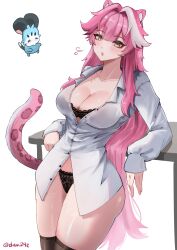 1girl absurdres adammaarr alternate_costume animal_ears black_bra black_panties black_thighhighs blush bra breasts chattino_(raora_panthera) collared_shirt colored_pubic_hair elbow_rest female_pubic_hair hair_intakes highres hololive hololive_english lace lace-trimmed_bra lace_trim large_breasts long_hair long_sleeves looking_at_viewer multicolored_hair open_mouth panther_ears panther_girl panther_tail panties pink_hair pink_pubic_hair pubic_hair pubic_hair_peek raora_panthera shirt simple_background sleeves_past_wrists solo streaked_hair tail thighhighs thighs twitter_username two-tone_hair underwear virtual_youtuber white_background white_hair white_shirt yellow_eyes