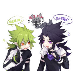 3boys aged_down alternate_costume animal_ears aotu_world black_gloves black_hair black_shirt cat_boy cat_ears cat_tail chinese_commentary chinese_text fang felis_(aotu_world) fingerless_gloves gloves green_hair jacket long_hair looking_at_another low_ponytail male_focus multiple_boys open_mouth pointy_ears ponytail purple_eyes red_eyes reg_(aotu_world) shirt simple_background speech_bubble spiked_hair swirlkura tail white_background white_jacket xander_(aotu_world)