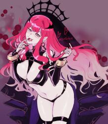 Rule 34 | 1girl, baobhan sith (fate), baobhan sith (second ascension) (fate), black panties, blood, blood from mouth, blush, bracelet, breasts, closed mouth, detached sleeves, earrings, fang, fate/grand order, fate (series), grey eyes, hand up, highres, hoop earrings, jewelry, long hair, looking at viewer, navel, panties, pink hair, pointy ears, revealing clothes, sidelocks, smile, solo, spiked bracelet, spikes, thigh strap, tofucakes, tongue, tongue out, underwear, veil