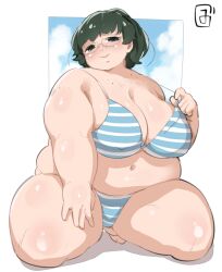 Rule 34 | 1girl, bikini, bikini pull, black hair, body freckles, breasts, cleavage, clothes pull, covered erect nipples, fat, fat woman, freckles, glasses, green eyes, hand on own thigh, huge breasts, kneeling, mizsawa, navel, open mouth, original, short hair, shoulder freckles, sitting, sky, smile, solo, striped bikini, striped clothes, swimsuit, thick arms, thick thighs, thighs, white background, zuisawa