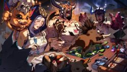 2boys 2girls :d angry animal animal_hands apron arrow_(projectile) ashe_(league_of_legends) bare_shoulders breasts crown food furry furry_male gnar_(league_of_legends) helm helmet holding holding_arrow hood hood_up house indoors jewelry knife large_breasts league_of_legends legends_of_runeterra multiple_boys multiple_girls muscular muscular_male necklace night nips_(ohnips) official_art open_mouth pig poro_(league_of_legends) salad sejuani shaded_face sharp_teeth skull_on_head smile sweat teeth tryndamere white_apron wolf
