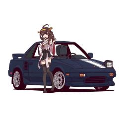 1girl :d ahoge black_skirt black_thighhighs boots brown_eyes brown_hair car commentary commission detached_sleeves double_bun english_commentary frilled_skirt frills full_body hair_bun hairband hakama hakama_short_skirt hakama_skirt hand_on_own_hip headgear japanese_clothes jestami kantai_collection kongou_(kancolle) long_hair looking_at_viewer motor_vehicle nontraditional_miko open_mouth signature simple_background skirt smile solo standing teeth thigh_boots thighhighs toyota toyota_mr2 upper_teeth_only vehicle_focus white_background