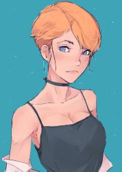 1girl bare_shoulders black_camisole black_choker blonde_hair blue_background blue_eyes blush breasts camisole choker cleavage closed_mouth collarbone commentary earrings elliemaplefox english_commentary highres hoop_earrings jewelry large_breasts looking_at_viewer original short_hair simple_background solo upper_body very_short_hair
