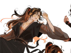 1boy absurdres ahoge black_hair black_hanfu brown_eyes brown_hair chinese_clothes collarbone hair_ribbon hand_up hanfu highres knee_up korean_commentary long_hair long_sleeves looking_to_the_side lying male_focus modao_zushi multiple_views niken_(niken_ouo) on_back out_of_frame parted_lips pectoral_cleavage pectorals ponytail red_pupils red_ribbon ribbon robe sash sidelocks simple_background solo wei_wuxian white_background wide_sleeves