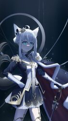 1girl absurdres ahoge animal_ear_fluff animal_ears blue_cape blue_jacket blue_skirt boots braid cape commentary_request crown double_bun epaulettes extra_ears fox_ears fox_girl fox_tail fur-trimmed_cape fur_trim gloves green_eyes hair_between_eyes hair_bun hand_on_own_hip highres holding holding_sword holding_weapon hololive jacket looking_at_viewer mini_crown quasarwolf shirakami_fubuki shirakami_fubuki_(fbkingdom) sidelocks single_braid skirt solo sword tail thigh_boots thigh_strap virtual_youtuber weapon white_gloves white_hair white_skirt
