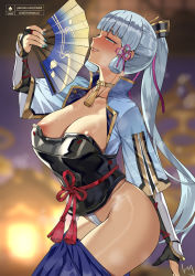 1girl areola_slip arm_guards armor ayaka_(genshin_impact) blue_eyes blue_hair blue_shirt blue_skirt blunt_bangs blush breastplate breasts bridal_gauntlets clothes_pull club3 detached_sleeves folding_fan genshin_impact hair_ornament hand_fan japanese_armor jewelry large_breasts light_blue_hair long_hair looking_at_viewer neck_ring ponytail rope shirt short_sleeves sidelocks skirt skirt_pull smile solo tassel