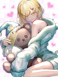 1girl absurdres blonde_hair blue_nails checkered_background colored_inner_hair green_eyes hair_ornament hairpin heart highres holding holding_phone hood hooded_jacket hugging_doll hugging_object jacket jewelry kurumi_noah kurumi_noah_(6th_costume) mizu_(sui) multicolored_hair multiple_hairpins parted_bangs phone ring selfie short_shorts shorts single_bare_shoulder single_off_shoulder sitting smile solo spaghetti_strap striped_clothes striped_jacket stuffed_animal stuffed_toy teddy_bear virtual_youtuber vspo! wariza
