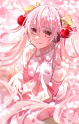 1girl bare_shoulders breasts cherry_blossoms cherry_hair_ornament chromatic_aberration closed_mouth collared_shirt commentary cupping_hands detached_sleeves double-parted_bangs english_commentary falling_petals floral_print food-themed_hair_ornament frilled_shirt frilled_shirt_collar frills from_above hair_between_eyes hair_ornament hatsune_miku headphones headset highres je_mizu long_hair long_sleeves looking_at_viewer miniskirt necktie outdoors own_hands_together petals pink_eyes pink_hair pink_necktie pink_skirt pink_sleeves pink_theme sakura_miku shirt sidelighting skirt sky sleeveless sleeveless_shirt small_breasts smile solo tie_clip twintails very_long_hair vocaloid white_petals white_sky