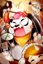 Rule 34 | 3girls, anger vein, bamboo, bandana, black hair, blush, cat shi, chibi, chopsticks, closed eyes, crying, dress, dumpling, flower, food, frilled dress, frills, lowres, maid, maid headdress, motion lines, multiple girls, open mouth, orange hair, panda, panties, pantyshot, parted bangs, penika (sword girls), plate, rose, speed lines, streaming tears, sweatdrop, sword girls, table flip, tears, thighhighs, underwear, white legwear, white panties