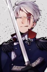 1boy axis_powers_hetalia black_gloves blood blood_on_face blue_jacket blue_necktie buttons closed_mouth collared_shirt commentary_request cross epaulettes fu_tooon gloves grey_background grey_hair highres holding holding_sword holding_weapon iron_cross jacket long_sleeves looking_at_viewer male_focus military_jacket military_uniform necktie prussia_(hetalia) purple_eyes shirt short_hair simple_background smile solo sparkle sword tongue tongue_out upper_body v-shaped_eyebrows weapon white_shirt