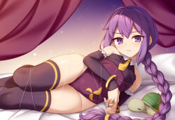 1girl aged_down bed_sheet bracelet braid braided_ponytail breasts collared_leotard covered_navel detached_sleeves fate/grand_order fate_(series) fuu_(koneko_no_yomeiri) highleg highleg_leotard jewelry leotard long_hair looking_at_viewer lying necktie on_side pillow purple_eyes purple_hair purple_leotard purple_sleeves purple_thighhighs sidelocks sion_eltnam_(type-moon) sion_eltnam_sokaris small_breasts solo stuffed_toy stuffed_turtle thighhighs thighs thread yellow_necktie
