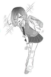 1girl :d ahoge bag chi_kan100 collared_shirt eyes_visible_through_hair facial_mark full_body hair_between_eyes hair_over_one_eye heart heart_facial_mark highres jewelry kimi_no_koto_ga_dai_dai_dai_dai_daisuki_na_100-nin_no_kanojo kneehighs loafers long_hair_between_eyes long_sleeves looking_at_viewer loose_necktie loose_socks lower_teeth_only miniskirt monochrome necktie official_alternate_costume one_eye_closed open_mouth over_shoulder pleated_skirt ring school_bag school_uniform scrunchie shirt shoes short_hair side_part simple_background skirt sleeves_rolled_up smile socks solo sparkle standing sweater_vest teeth white_background white_shirt white_socks wrist_scrunchie
