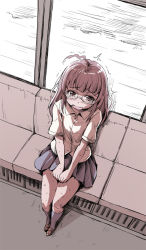 1girl blush brown_hair female_focus have_to_pee kubocha long_hair open_mouth original sitting skirt solo tears trembling
