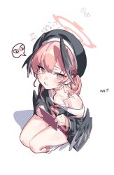 &lt;|&gt;_&lt;|&gt; 1girl amejaga angel_wings beret black_hat black_wings blue_archive blush book collarbone feathered_wings halo hat head_wings highres holding holding_book koharu_(blue_archive) looking_at_viewer low_wings neckerchief pink_eyes pink_hair pink_halo pink_neckerchief sailor_collar simple_background sitting socks solo tearing_up thighs white_background white_sailor_collar winged_halo winged_hat wings