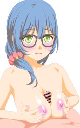 1boy 1girl ali_sun_mark asahi_rokka bang_dream! bar_censor bare_shoulders black-framed_eyewear blue_hair breasts breasts_squeezed_together censored cleavage collarbone completely_nude glasses green_eyes hetero highres long_hair low_side_ponytail medium_breasts nail_polish nipples nude open_mouth paizuri penis ponytail pov red_scrunchie scrunchie simple_background solo_focus white_background