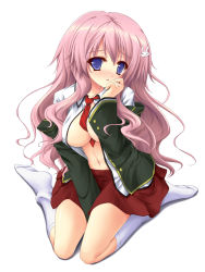 1girl baka_to_test_to_shoukanjuu between_breasts blue_eyes blush breasts cleavage female_focus himeji_mizuki kneehighs large_breasts long_hair navel necktie no_bra open_clothes open_shirt pink_hair school_uniform shirt sitting skirt socks solo suien wariza