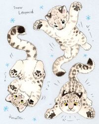 Rule 34 | :3, animal, animal focus, baby animal, blue eyes, commentary request, green eyes, highres, jumping, konatsu tunacan, no humans, original, pawpads, playing, snow leopard, spotted fur, traditional media, yellow eyes