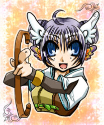 Rule 34 | 1girl, 2000s (style), ahoge, blue eyes, bow (weapon), brown shirt, commentary request, double bun, hair bun, holding, holding bow (weapon), holding weapon, hunter (ragnarok online), layered sleeves, long sleeves, looking at viewer, lowres, open mouth, orange background, purple hair, ragnarok online, shirt, short hair, short over long sleeves, short sleeves, smile, solo, tomiya airu, upper body, weapon