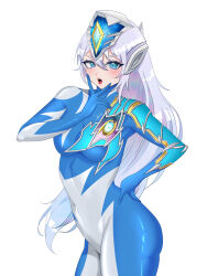 Rule 34 | 1girl, :o, absurdres, armor, asymmetrical arms, blue bodysuit, blue eyes, blue gloves, blush, bodysuit, breastplate, breasts, chinese commentary, closed mouth, color timer, commentary, contrapposto, covered navel, cowboy shot, crystal, eyeshadow, floating hair, forehead jewel, genderswap, genderswap (mtf), gloves, hair between eyes, hand on own hip, hand up, headgear, highres, humanization, lipstick, long hair, looking at viewer, makeup, medium breasts, multicolored bodysuit, open mouth, purple eyeshadow, purple hair, signature, silver bodysuit, simple background, skin tight, sky, solo, standing, teeth, tokusatsu, tongue, ultra series, ultraman decker, ultraman decker (miracle type), ultraman decker (series), upper teeth only, v, v over mouth, white background, yi (user jwth4284)