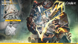 Rule 34 | 1girl, alchemy stars, armored boots, astronaut, blonde hair, boots, character name, company name, copyright name, copyright notice, electricity, english text, gradient hair, grey hair, hair between eyes, helmet, highres, leotard, long hair, multicolored hair, official art, pale skin, promotional art, revy (alchemy stars), space helmet, spacesuit, weapon, whitebear, yellow eyes, zoom layer