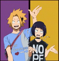 Rule 34 | 1boy, 1girl, bag, black eyes, blonde hair, blush, boku no hero academia, choker, height difference, hetero, jiro kyoka, kaminari denki, krumbs (dailykrumbs), purple hair, short, short hair, standing, yellow eyes