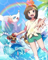 1girl beanie black_hair blue_eyes blush floral_print gen_7_pokemon green_shorts hat highres looking_at_viewer nintendo ocean open_mouth palm_tree pokemon pokemon_(creature) pokemon_sm primarina rainbow red_hat selene_(pokemon) shirt short_hair short_sleeves shorts smile tied_shirt tree wataame4907 water yellow_shirt