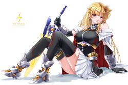 Rule 34 | 1girl, adapted costume, bardiche (nanoha), bardiche (riot blade ii) (nanoha), bare shoulders, black gloves, black leotard, black thighhighs, blonde hair, boots, breasts, cape, closed mouth, commentary request, copyright name, elbow gloves, fate testarossa, full body, gloves, heattech leotard, highres, holding, holding sword, holding weapon, large breasts, leotard, long hair, looking at viewer, lyrical nanoha, mahou senki lyrical nanoha force, mahou shoujo lyrical nanoha, mahou shoujo lyrical nanoha strikers, miniskirt, paid reward available, planted, planted sword, planted weapon, pleated skirt, red eyes, sitting, skirt, solo, sougetsu izuki, sword, thigh strap, thighhighs, thighs, turtleneck, weapon, white cape, white skirt, zettai ryouiki