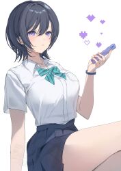 Rule 34 | 1girl, absurdres, arm support, black hair, blue skirt, blush, bow, bowtie, breast pocket, breasts, cellphone, closed mouth, collared shirt, commentary, cowboy shot, diagonal-striped bow, diagonal-striped bowtie, diagonal-striped clothes, dot nose, fingernails, green bow, green bowtie, hair between eyes, hand up, heart, highres, holding, holding phone, jewelry, large breasts, long fingernails, looking at viewer, miniskirt, nagi (pickles pipipi), necklace, original, phone, pixel heart, pleated skirt, pocket, purple eyes, school uniform, shirt, shirt tucked in, short hair, short sleeves, sidelocks, simple background, skirt, smartphone, solo, striped clothes, thighs, watch, watermark, white background, white shirt, wolf cut, wristwatch