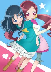 Rule 34 | 2girls, :d, aizawa zawapo, back-to-back, bent over, blue background, blue eyes, blue hair, blue pants, blue shirt, blush, boots, bow, brown boots, capri pants, casual, clenched hand, collarbone, commentary, denim, dress, dress under shirt, dutch angle, flats, flower, foot out of frame, frilled dress, frilled sleeves, frills, hair between eyes, hair flower, hair ornament, hair scrunchie, hanasaki tsubomi, heart, heart background, heartcatch precure!, highres, jeans, kurumi erika, layered sleeves, legs apart, locked arms, long hair, long sleeves, looking at another, low twintails, multiple girls, no socks, official style, open mouth, pants, parted bangs, pink background, pink dress, pink eyes, pink hair, pink shoes, precure, puffy short sleeves, puffy sleeves, scrunchie, shirt, shirt bow, shoes, short dress, short sleeves, smile, socks, standing, star (symbol), star symbol background, twintails, two-tone background, umakoshi yoshihiko (style), very long hair, wavy hair, white dress, white sleeves, white socks, yellow bow, yellow scrunchie, yellow sleeves
