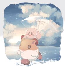 :d animal blue_eyes blue_sky blush_stickers closed_mouth cloud commentary continuo0226 hamster highres holding holding_umbrella kirby kirby_(series) nintendo open_mouth puddle rain rick_(kirby) riding riding_animal ripples running sky smile standing transparent transparent_umbrella umbrella