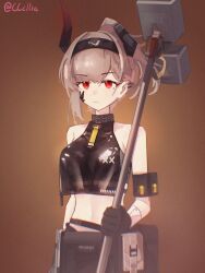 1girl arknights bare_shoulders black_choker black_gloves black_hairband black_horns black_shirt breasts broken_horn choker cowboy_shot crop_top ear_piercing gloves gradient_horns grey_hair hairband hammer highres holding holding_hammer holding_weapon horns infection_monitor_(arknights) looking_at_viewer material_growth medium_breasts midriff multicolored_horns navel official_alternate_costume oripathy_lesion_(arknights) piercing ponytail red_eyes red_horns sakuratani_hane shirt short_hair short_ponytail sleeveless sleeveless_shirt solo twitter_username vulcan_(arknights) vulcan_(ignis)_(arknights) weapon