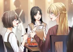 3girls absurdres black_hair blonde_hair blue_eyes brown_eyes brown_hair commission cup drink earrings food food_on_face fork glasses green_eyes highres holding holding_cup holding_napkin hyaku_ae_mon irene_(ricky_barnes) jewelry maya_(ricky_barnes) mimi_(ricky_barnes) multiple_girls non-web_source original pasta restaurant skeb_commission